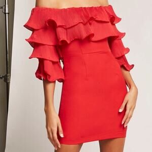 Tea n Cup Ruffle Off Shoulder‎ Mini Dress L Tiered Pleated Sheath Party Red NWT